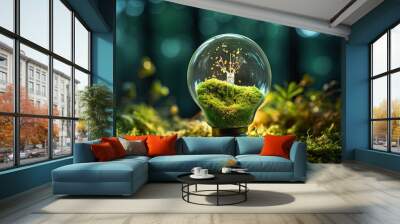 Sustainable and eco friendly energy symbols representing earth s energy concept in a green forest of moss grass and a lightbulb Wall mural