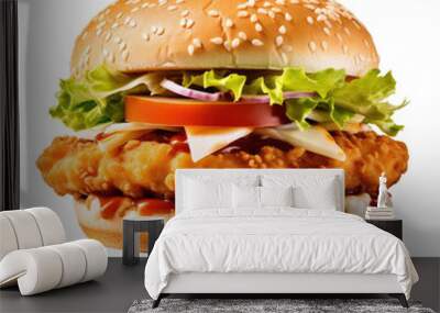 Tasty double chicken burger with salad and sauce photographed on a white backround. Wall mural