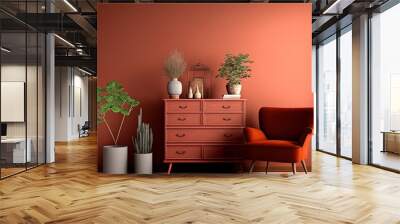 Terracotta color interior with plants, dresser, armchair and decor. 3d render illustration mock up. Wall mural