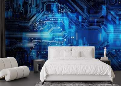 The blue digital wallpaper showcased an abstract illustration of a semiconductor motherboard board, illustrating the cutting-edge technology used in computer engineering and communication in the Wall mural