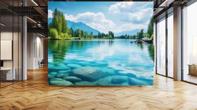 The clear blue water of the river reflecting the beautiful sky above creates a stunning landscape amidst the breathtaking nature of the outdoors. Wall mural