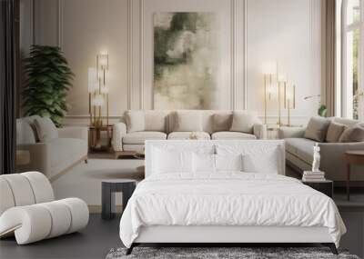 The luxurious living room came to life with its stunning 3D furniture design, where a wooden frame effortlessly blended with the white walls, illustrating a perfect harmony of light and space in the Wall mural