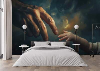 The parent clasps the tiny hand of their child guiding them gently Wall mural