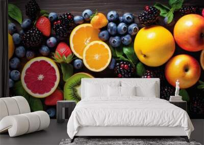 The table is filled with a variety of natural foods such as fruits and berries. These whole foods are packed with nutrients and are great ingredients for any cuisine Wall mural