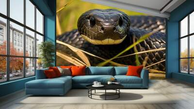 This close-up shot captures a big adult black mamba slithering through the vibrant green grass in its natural habitat. Wall mural