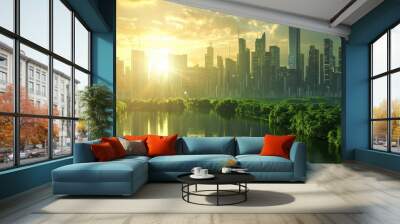 This photo showcases a sustainable city with a river in front, embracing the concept of renewable energy. Wall mural