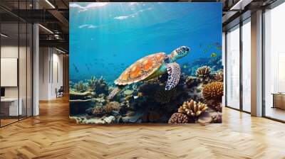 Thriving coral reef in Caribbean sea with sea turtle and tropical fish. Wall mural