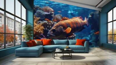 Tiger Grouper swimming over coral from a side view Wall mural