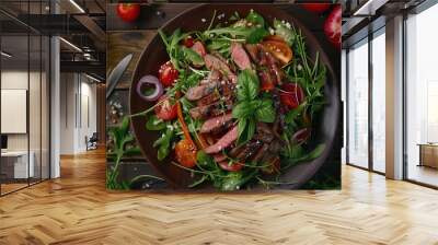 Top view of a homemade salad featuring fresh vegetables herbs and pan seared meat Promoting a wholesome diet Wall mural