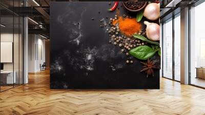 Top view of fresh ingredients for cooking on a black stone table with copy space Wall mural