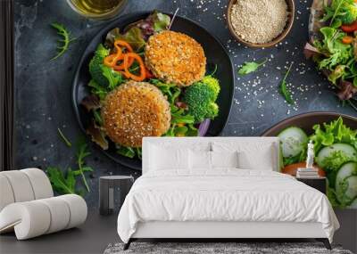 Top view of vegan burgers with quinoa broccoli and cauliflower served with salad on a gray table Ideal for a vegan healthy lunch or dinner Wall mural