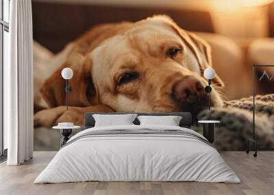 Training and disciplining a distressed dog on its bed Dealing with a mischievous pet Wall mural