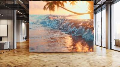 Tranquil close up of calm sea water waves with palm trees Soft colors of sunrise and sunset light Tropical island beach landscape with an exotic shore coast Ideal for summer vacations and h Wall mural