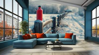 Tranquil Scene of a Red Water Bottle on a Wooden Fence in a Snowy Landscape Wall mural