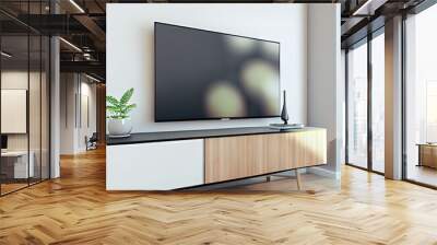 TV wide screen on the TV stand in modern living room with white wall. Side view. 3d illustration Wall mural