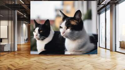 Two adorable cats on a home's balcony. Adorable and sweet white and black female cat rests, loves and sleeps on balcony of flat. Domestic animals, pet notion. Good life of animals at home. Generative Wall mural