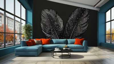 Two black feathers with white dots against a black backdrop Wall mural