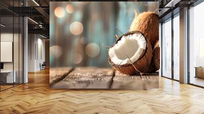 Two coconuts sit atop a weathered wooden table, showcasing their natural freshness and exotic appeal. The brown, hairy shells contrast with the smooth surface of the table, creating a simple yet Wall mural