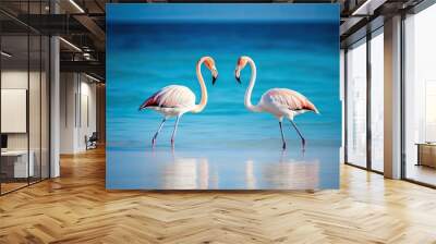 two elegant flamingos wading in the turquoise waters of a tropical beach. Generative AI Wall mural