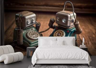 two little bots talking on an old vintage phone on a wooden floor. Generative AI Wall mural