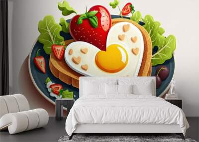 V Day breakfast of fried eggs on heart shaped toast with salad and fruit. Perspective from on high. Generative AI Wall mural