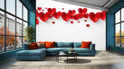 Valentine s day card with red ribbons forming hearts on white background like a wedding invitation Wall mural