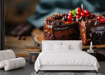 Vegan chocolate cake displayed on wooden table. Focus on cake. Space for text. Wall mural