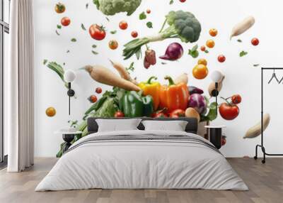 Vegetables flying in a wooden box on a blue background. Wall mural