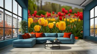 Vibrant field of blooming red and yellow tulips under the sun in springtime Wall mural