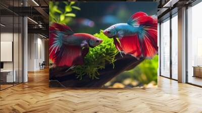 Vibrant red and blue fish swimming together in a lush green aquarium Wall mural