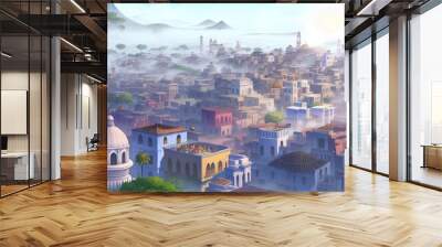 View of Pushkar City in India on a fog morning Wall mural