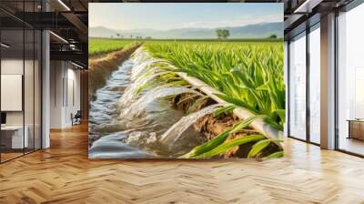 Water on a farm leek onion plantation flows through irrigation canals Conservation of water and reduction of pollution in agriculture Plant care and food growth Wall mural