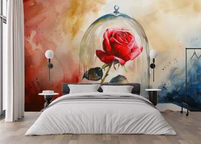 Watercolor painting depicting a red rose encased in a glass dome Wall mural