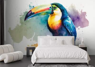 Watercolor painting of a toucan bird isolated on white. Fabric, wallpaper, wrapping paper, and scrapbooking backgrounds in a rainbow of colors. Crafting with young people in mind. Generative AI Wall mural