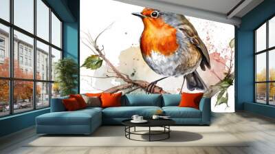 Watercolor picture of a robin. Small bird in a garden, drawn by hand up close. One picture of a beautiful singing bird. Realistic drawing element of a small robin on a white background. Generative AI Wall mural