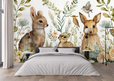 Watercolors of baby deer, an owl, and little rabbits on a background of wild herbs and flowers. Cute woodland animals make up a seamless pattern. Illustration of nature painted by hand for nursery des Wall mural