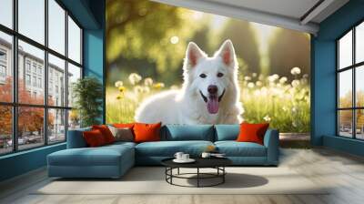 White dog rests at sunny park Wall mural