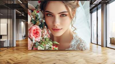 Woman with flowers and wedding dress for marriage ceremony or commitment celebration, partnership or diamond jewelry. Wall mural