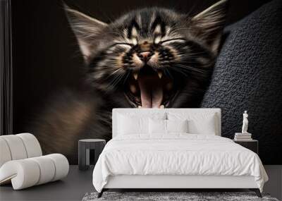 Yawning black cat with its mouth open so that its fangs and tongue can be seen. At home, a domestic cat is sleeping. One of the animals was a nice kitten. Generative AI Wall mural