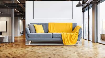 Yellow and blue painting on white wall bright living room with grey cupboard gold lamp sofa and bike under window with blinds Wall mural