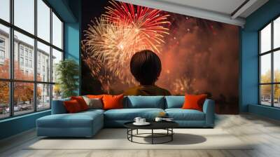 young child viewing fireworks. Generative AI Wall mural