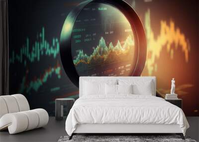 Magnifying glass search of investing and stock market over a graph chart background. Generative Ai Wall mural