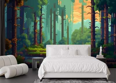 PIxel art concept of forest for computer game. Pixelated image Wall mural