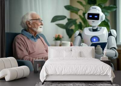 Robot assist elderly people in retirenment home. Healh Care with senior citizen Wall mural