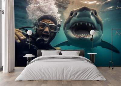 Shark attacks scuba diver underwater with wide open mouth Wall mural