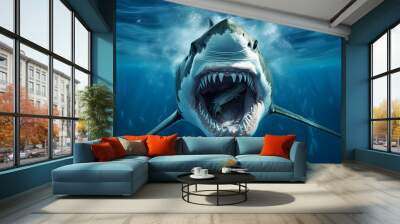 Shark with open mouth in a deep blue ocean Wall mural