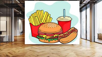 vector illustration of fast food include burger hotdog french fries and drink isolated on smooth background Wall mural