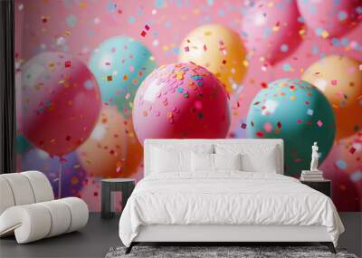 A Festive Array of Colorful Balloons with Confetti Wall mural