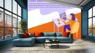 Girl Working at Home Office. Looking at Computer Screen and Talking with Colleagues Online. Character Sitting at Desk in Room. Home Office Concept for web. Flat Isometric Vector Illustration. Wall mural