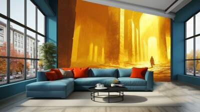 A solitary figure walks towards a radiant golden light at the end of a mysterious archway, the path illuminated by the warmth and hope that emanates from beyond. Wall mural